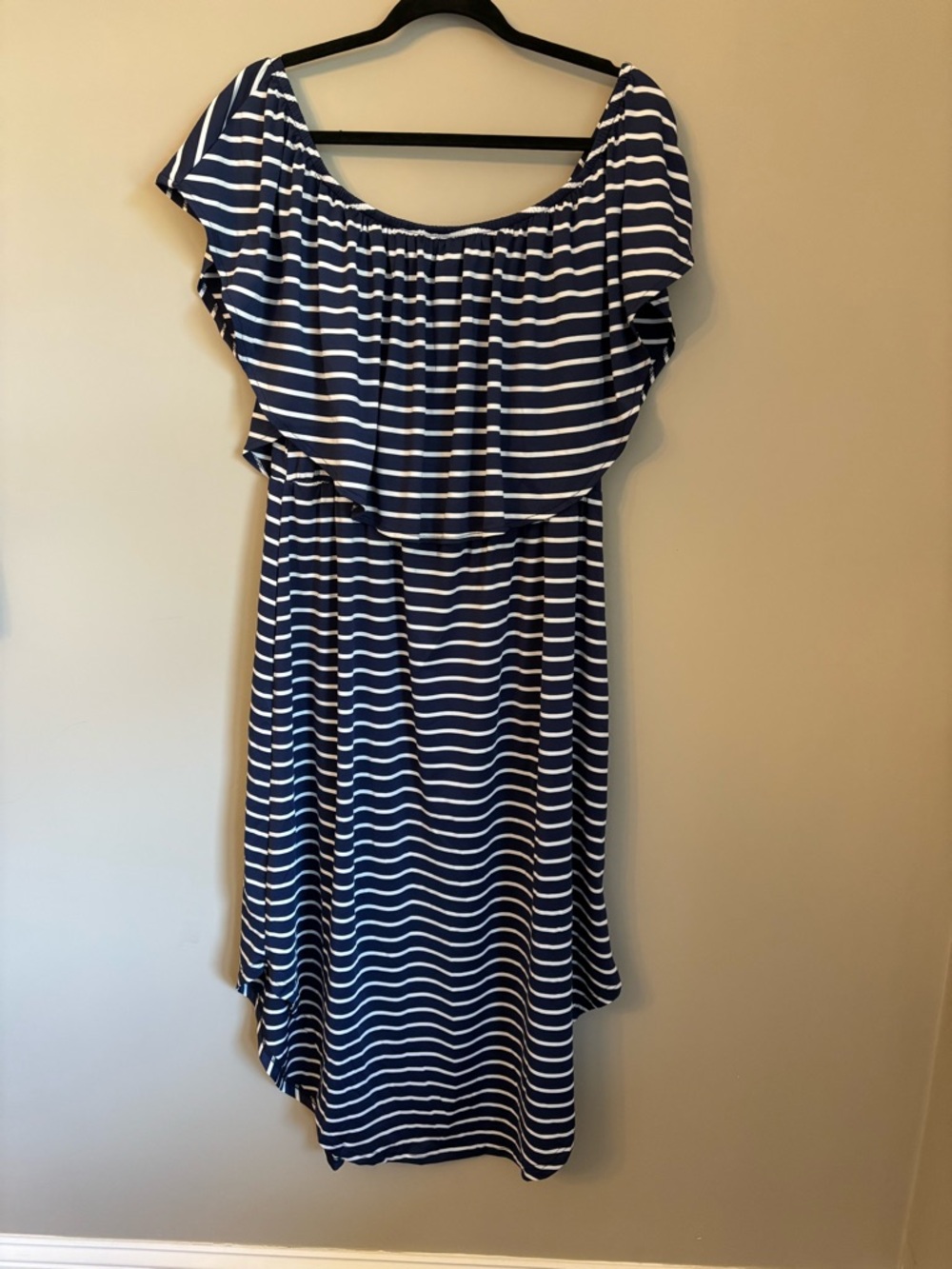 Cupshe Navy-and-White Stripe Off-Shoulder Flounce Bodice Midi Dress L